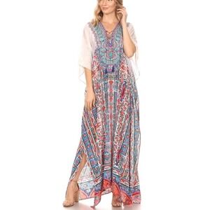 Sakkas Georgettina Flowy‎ Rhinestone V Neck Long Caftan Dress  Cover Up OS